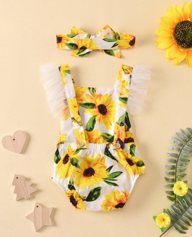 Beachwear Ruffled Sunflower Print Jumpsuit Pullover And