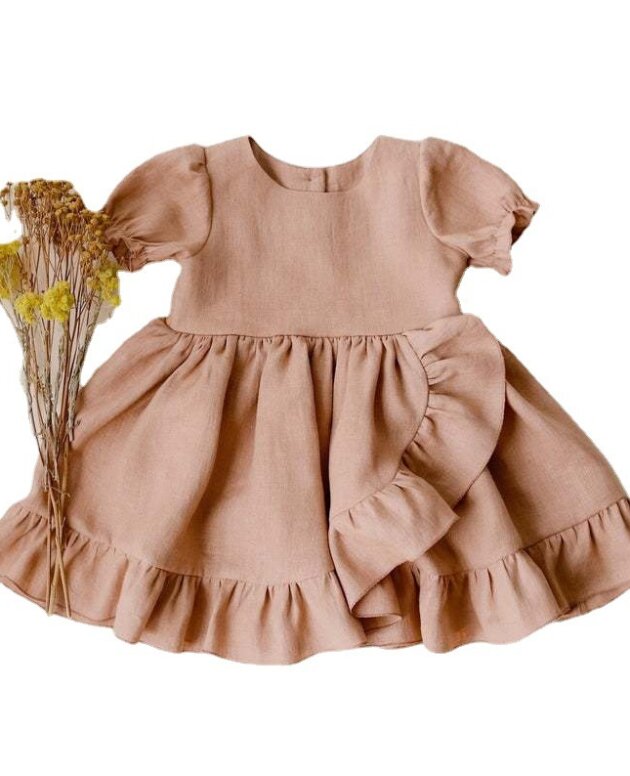 Girls' Dresses, Princess Dresses, Cotton And Linen Short-sleeved Ruffles