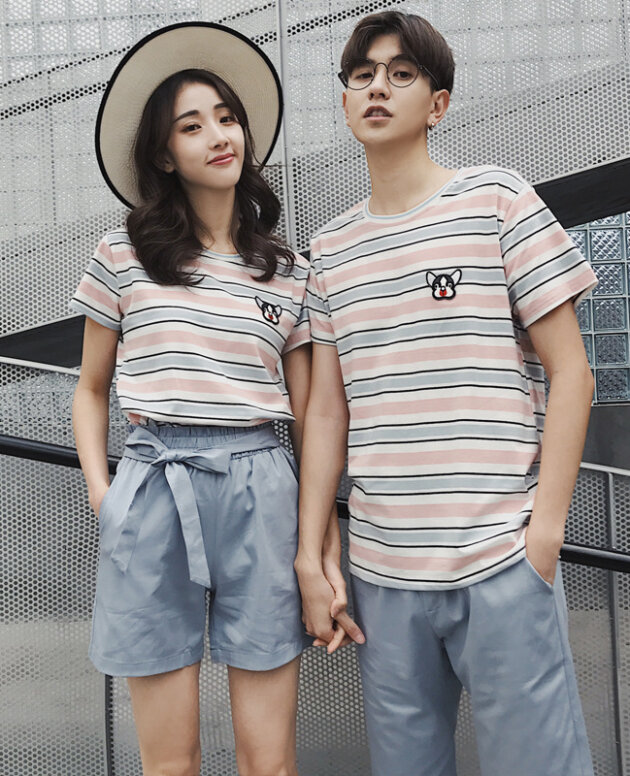 Couple wear summer beachwear striped suit