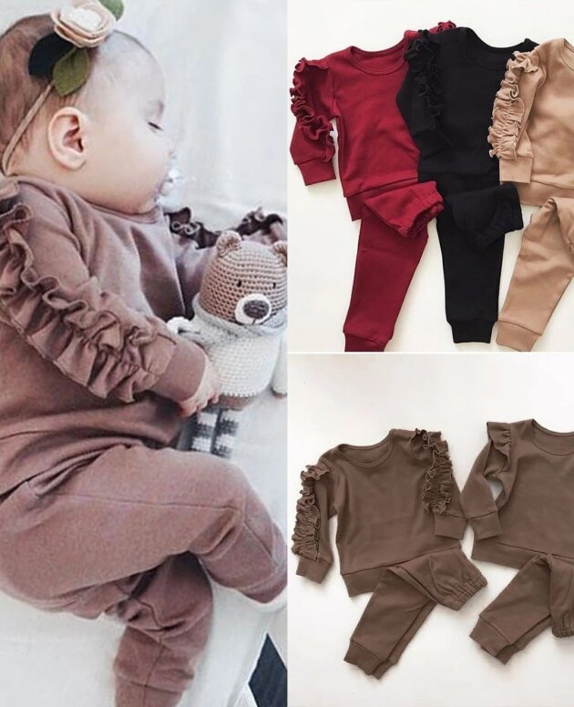 Newborn Baby Boys Girls Ruffles Jumper Solid Long Sleeve Sweatshirt Tops Pants Infant Kids 2Pcs Outfits Clothes Set Fall Clothes