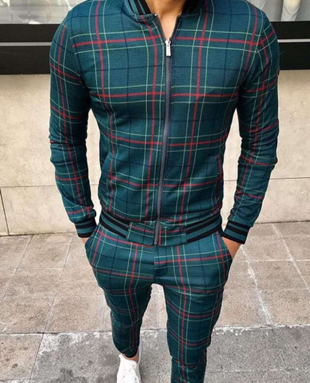 New Men's Leisure Suits Tracksuits Men Grid Two-piece Patchwork Zipper Tracksuits Small leg Trouser Sportswear New Man Sets