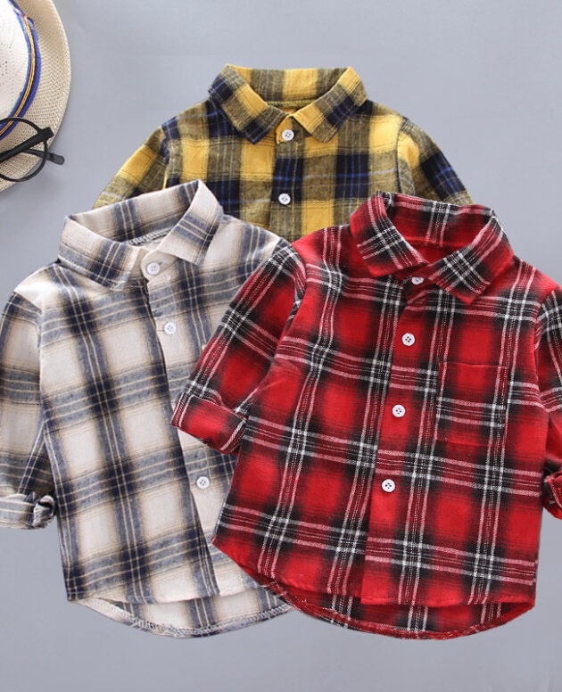 Boys And Girls Plaid Shirts Korean Style Loose Lapel Long Sleeves