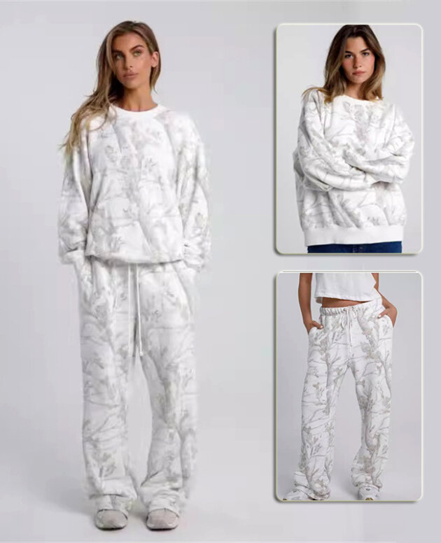 2024 Autumn Winter Two Piece Sets Women Camouflage Hoodie Maple Leaf Print Sweatshirt Suit Sports Hoodie Sportswear