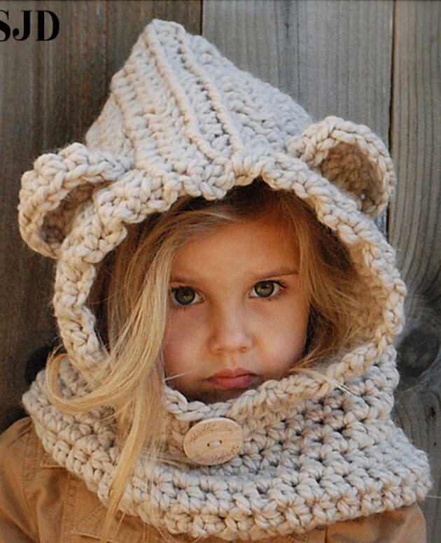 Girls Hats Handmade Kids Winter Hats Wrap Bear Scarf Caps Cute Autumn Children Cartoon Bear Knitted Hats